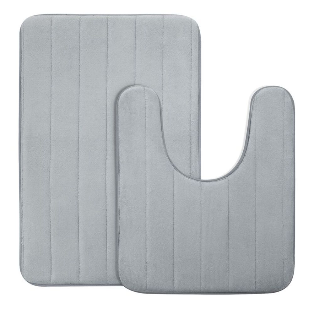 2pcs Memory Foam Bath Mat Set Soft Absorbent Bathroom Mat Contour Rug Gray